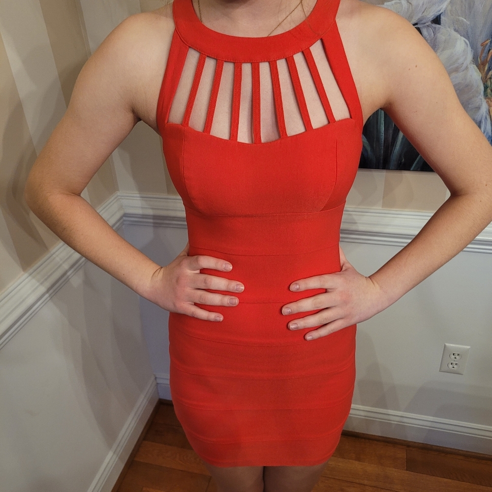 Windsor Red BodyCon Dress with Cage Neckline